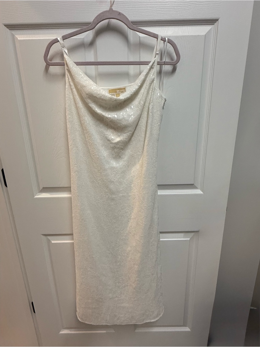 MICHAEL Michael Kors White Sleeveless Cowl Neck Sequin Gown.